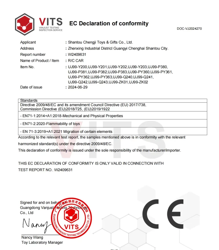 DoC Certificate for Toy Safety Compliance