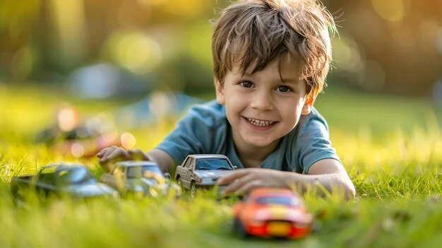 playing with toys on the grass