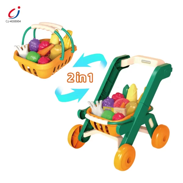 Wholesale Kids 2-in-1 Shopping Cart Toy with Basket & Play Food Accessories, Role Play, Pretend Play - Image 2