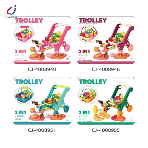 Wholesale Kids 2-in-1 Shopping Cart Toy with Basket & Play Food Accessories, Role Play, Pretend Play - Image 5