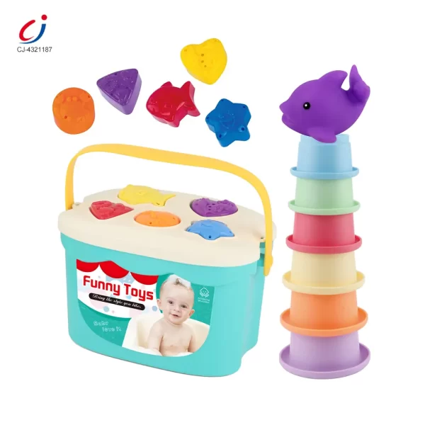 Wholesale Baby Bath Toy Silicone Stackable with Storage & Shape Pairing Play