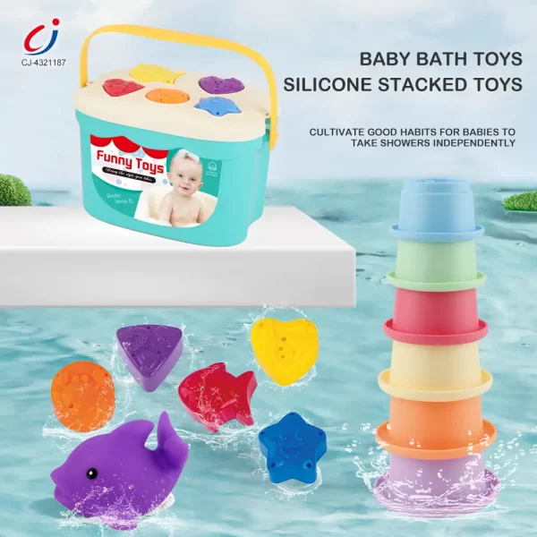 Wholesale Baby Bath Toy Silicone Stackable with Storage & Shape Pairing Play - Image 2