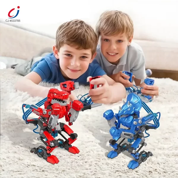 boys playing hydraulic boxing robot toy