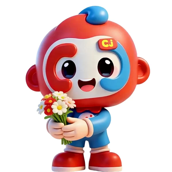 Mascot CJBOBO is holding a banch of flower