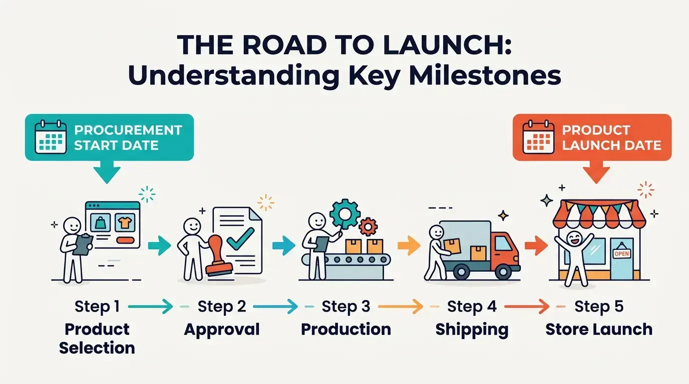 Timeline showing the main toy sourcing stages before a retail product launch